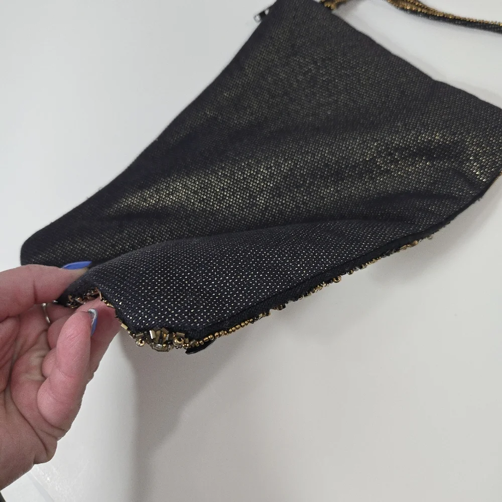 Chico's Black and Gold Beaded Wristlet Clutch